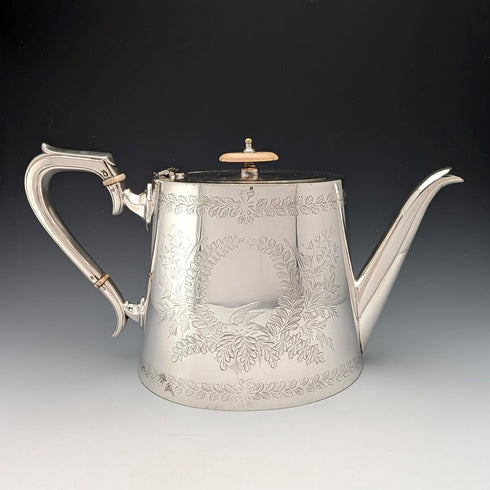 Circa 1900 British antique silver plate drum-shaped teapot